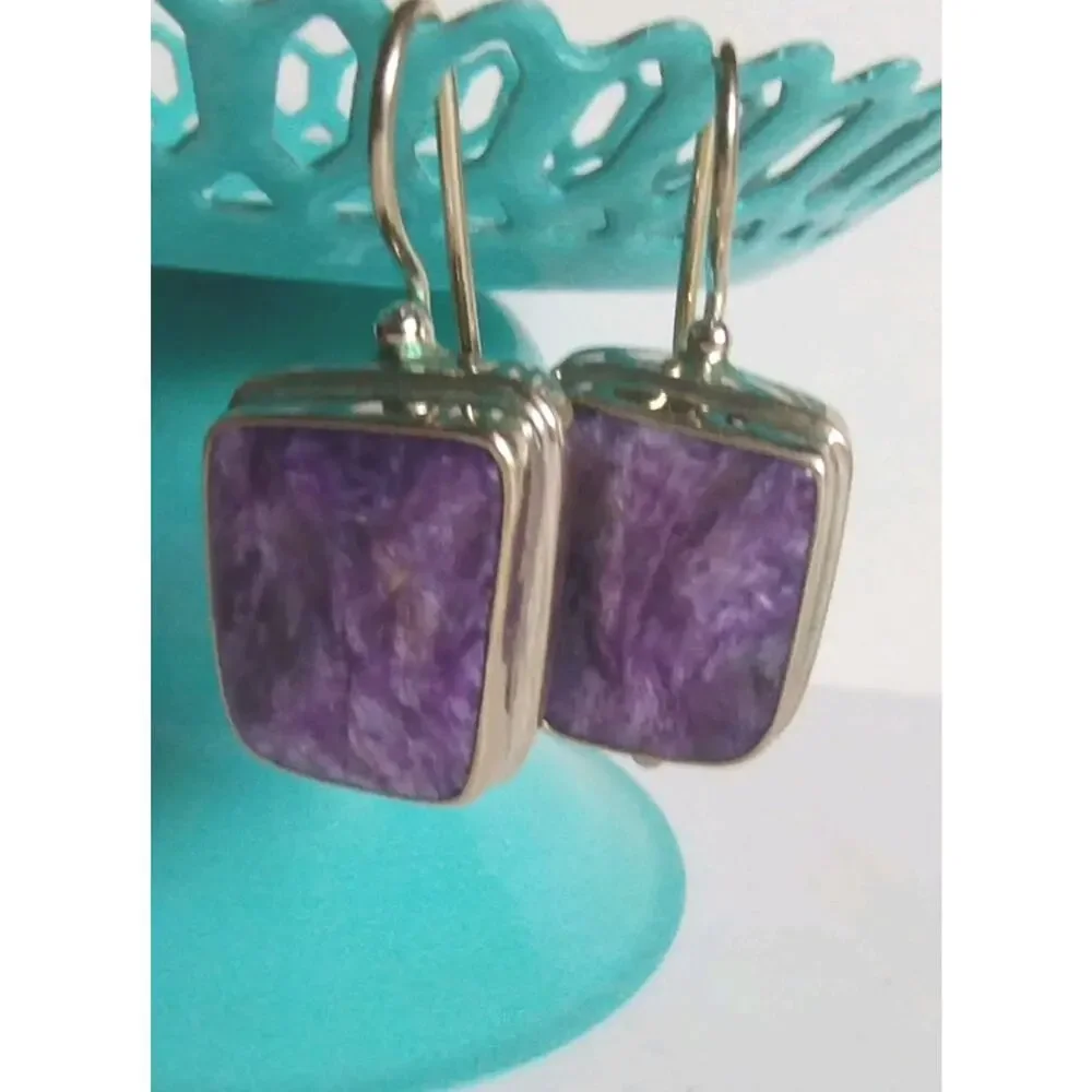 Siberian Natural Charoite Mineral & 925 Sterling Silver Artisan Signed Earrings